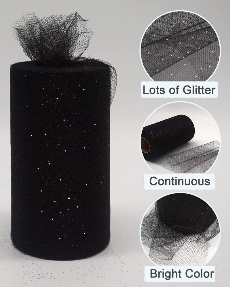 Ableme Deco Black Glitter Tulle Fabric Rolls, 6 Inch 50 Yards (150ft) Sparkling Spool Ribbon Sequin Netting for Tutu Skirt Gift Wrapping Wedding Party Decoration (Black) - Image 2